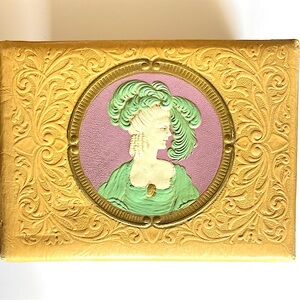 Vintage Box 40s Victorian Woman Embossed “ Leather “ Recipe Box Vanity Storage